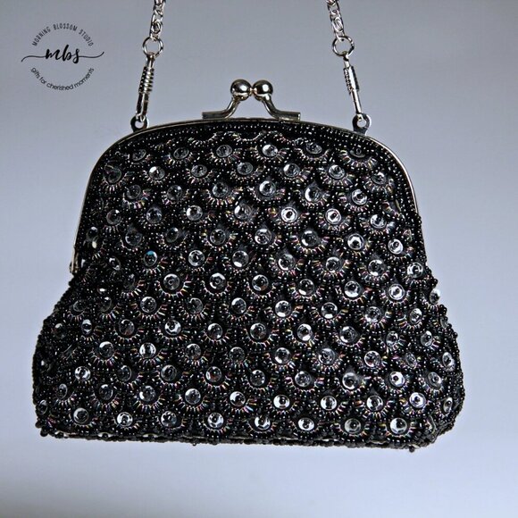 Vintage Sequins Beaded Silver Chain Strap Mini Shoulder Bag - Picture 5 of 10